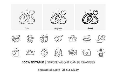 Marriage rings, Wedding car, love. Honeymoon line icons set. Bridal champagne, Valentine heart icons. Couple tickets, honeymoon travel, married night. Wedding love music. Line icons set. Vector