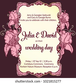 Marriage romantic invitation. Decorative Floral frame.Wedding Day card.Beautiful vintage border with blooming flowers on background.Vector detailed art of marriage postcard invite.Romantic collection.