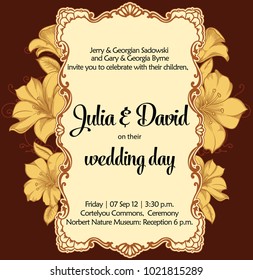 Marriage romantic invitation. Decorative Floral frame.Wedding Day card.Beautiful vintage border with blooming flowers on background.Vector detailed art of marriage postcard invite.Romantic collection.