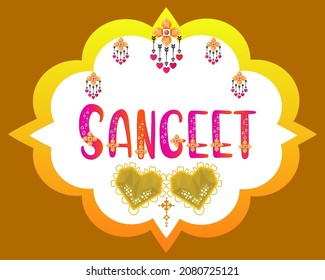 Marriage sangeet poster. Wedding music night banner. Disco and dance night label. Gradient word art sticker. Floral heart and gemstone vector illustration.