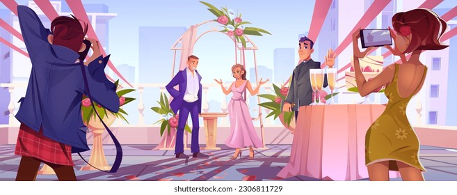 Marriage scene flower decor and happy couple cartoon illustration. Champagne and wedding cake on table. Man and girl photograph celebration with phone and camera. Balustrade fence on roof in day light