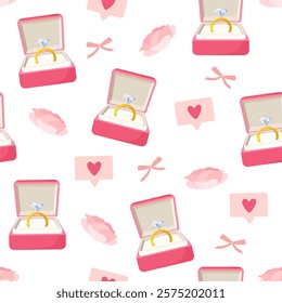 Marriage seamless pattern with proposal ring, hearts, flowers and bows for St. Valentine's Day holiday.	