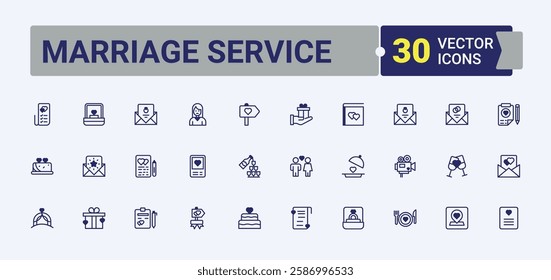 Marriage Service linear icon collection. Contains such icons as ring, budget, marketing, promotion, party, birthday, gift, day. Simple line vector. Vector line and solid icons.