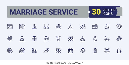 Marriage Service linear icon collection. Contains such icons as ring, budget, marketing, promotion, party, birthday, gift, day. Simple line vector. Vector line and solid icons.