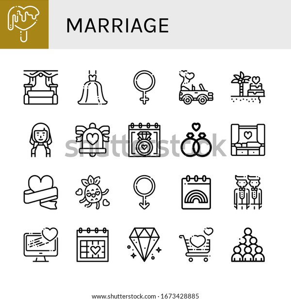 marriage simple icons set.\
Contains such icons as Love, Wedding, Wedding dress, Female,\
Wedding car, Bride, bells, date, ring, can be used for web, mobile\
and logo