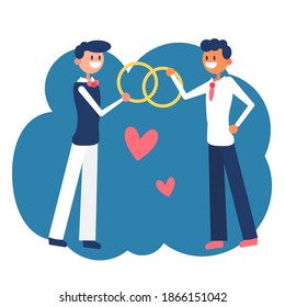 Marriage of two gay men. Happy couple in love is  smiling and holding rings together. Romance, wedding, lgbt rights and family concept. Flat vector stock illustration isolated on white background.