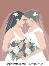 Marriage of two lesbian girls, family. Modern LGBT portrait in minimalist, bohemian, flat style. In gentle colors. For the concept of wedding, celebration, print on clothes, poster, postcard, decor.