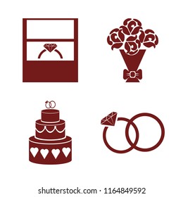 marriage vector icons set. with wedding ring, wedding rings, cake wedding and rose bouquet in set