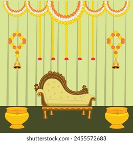 Marriage and wedding background designs in creative style with marigold flowers and classic wooden chair.