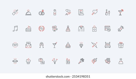 Marriage, wedding ceremony line icon set. Rings, dress and suit of bride and groom, invitation and restaurant banquet, Cupids arrow to heart thin black and red outline symbols vector illustration