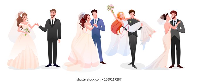 Marriage wedding couple vector illustration collection. Cartoon happy just married couples characters standing together, cute newlywed bride and groom, marriage bridal ceremony or new husband and wife