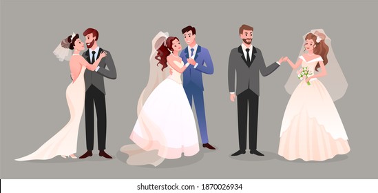 Marriage wedding couple vector illustration set. Cartoon happy just married couples characters standing together, cute newlywed bride and groom, marriage bridal ceremony or new husband and wife family