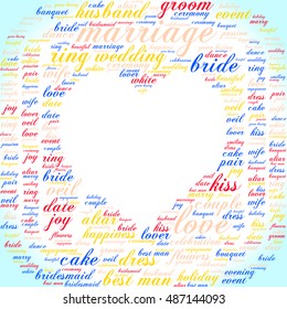 Marriage word cloud in shape of heart frame. Vector illustration.