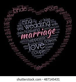 Marriage word cloud in shape of heart on black background