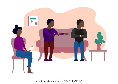 Married black couple of two men having therapeutical meeting at psychologist office. Flat style stock vector illustration.