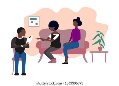 Married black couple of two women having therapeutical meeting at psychologist office. Flat style stock vector illustration.