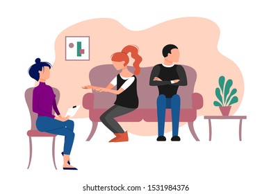 Married caucasian couple having therapeutical meeting at psychologist office. Flat style stock vector illustration.
