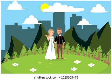 married celebration in the park, vector illustration