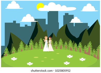 married celebration in the park, vector illustration