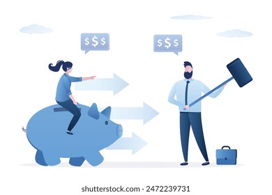 Married couple is about to smash their piggy bank with big hammer. Need for money, rainy day. Problems with finances, spending savings. Poverty, possible bankruptcy. Poor financial management. vector