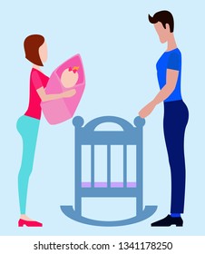 A married couple with a baby and cradle. Happy woman and man. Husband and wife, family. Vector illustration.