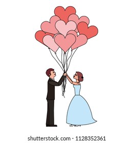 married couple and balloons helium with shape heart