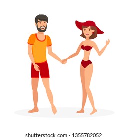Married Couple in Beachwear Vector Illustration  Man in T shirt   Shorts   Woman in Bikini   Hat Cartoon Characters  Summer Vacation Tropical Resort  Romantic Stroll  Travel  Tourism