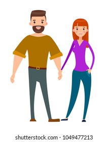 Married couple, bearded man and pretty woman pair of lovers stylish cartoon characters hold hands. Happy couple man and woman vector isolated on white.