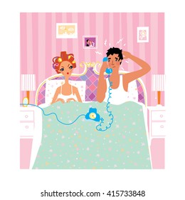 Married couple in bed. Confused man having a call from ex girlfriend. Sex problem. Vector illustration