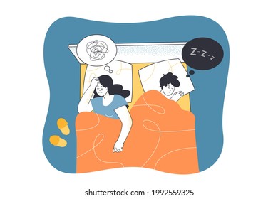 Married couple in bed at night. Sad wife having problems with sleep because of noise, snoring husband flat vector illustration. Insomnia, bedtime concept for banner, website design or landing web page