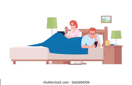 Married couple in bed using devices semi flat RGB color vector illustration. Gadgets overuse, addiction, lack of communication. People with smartphones in bedroom isolated cartoon character on white