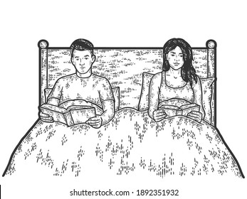 Married couple before going to bed, read books. Engraving vector illustration.