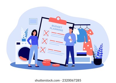 Married couple with budget planning list vector illustration. Drawing of upset wife and husband, financial problems due to rising interest rate, inflation. Household spending, budget, economy concept