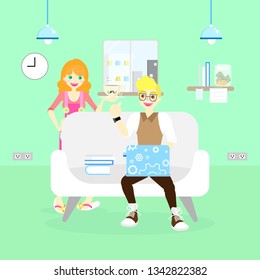 married couple businessman freelance working at home on weekend holiday vacation, sitting on couch sofa with laptop notebook and housewife, flat vector illustration cartoon character design clip art