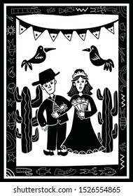 a married couple in the cactus desert. illustration of cordel style