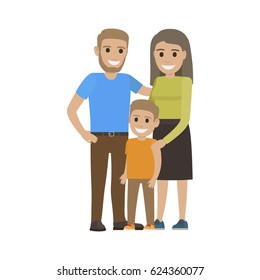 Married couple in casual cloth and little son. Family going to spend free time together. Smiling parents and boy isolated. Man woman and child on white. Parenthood concept vector illustration in flat