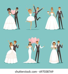 Married couple characters set. Wedding mascot design in cartoon style. Brides in beautiful clothes