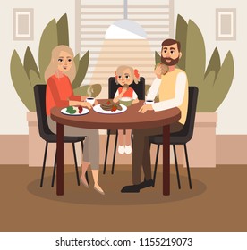 A married couple with a child is having breakfast. Vector illustration.