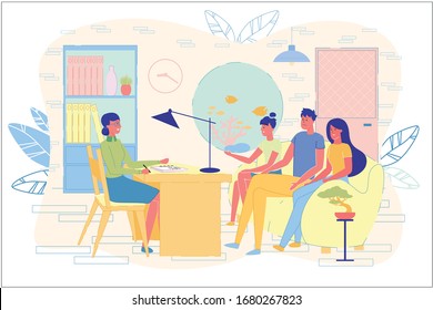 Married Couple With Child Visiting Family Psychologist. Relationship Problems Between Parents And Teen Daughter Solve At Doctor Appointment. Psychotherapy. Kid Stress Treatment. Vector Illustration