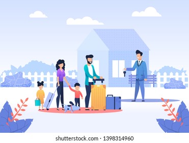 Married Couple with Children Moving to New House. Happy Man and Woman with Luggage Taking Keys from Realtor. Son, Daughter and Dog Standing near. Selling or Renting Vector Flat Illustration