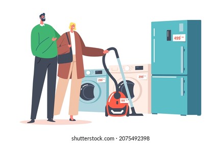 Married Couple Choose Fridge and Vacuum Cleaner in Electronics Store. Family Buying Household Goods Concept. Clients Characters Purchase Home Appliances in Mall. Cartoon People Vector Illustration