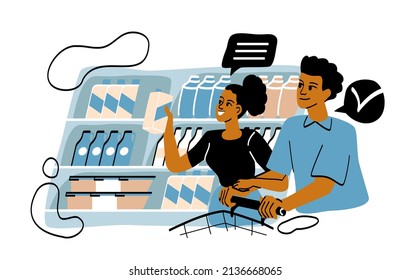 Married couple chooses diary products. People in grocery store or shop. Man and girl with shopping cart in store or supermarket. Joint rest and choice of goods. Cartoon flat vector illustration