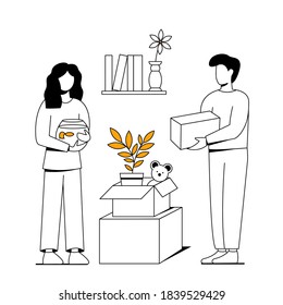 A married couple collect things in boxes for moving. A woman holds an aquarium with a fish. A man holds a box. Vector illustration