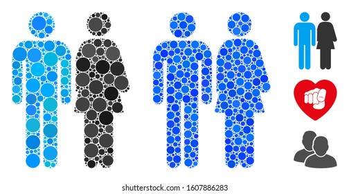 Married couple composition of round dots in various sizes and color tones, based on married couple icon. Vector round dots are composed into blue illustration.