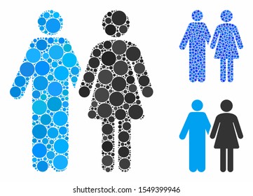 Married couple composition of spheric dots in variable sizes and color tones, based on married couple icon. Vector dots are composed into blue composition.