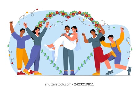 Married couple concept. Man with woman at hands. Groom and bride at wedding ceremony. Love, care and romance. Young pair in love. Cartoon flat vector illustration isolated on white background