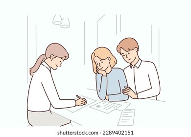 Married couple is consulting insurance agent or lawyer and drawing up marriage contract sitting in office. Man and woman consulting tax specialist giving recommendations on taxation optimization