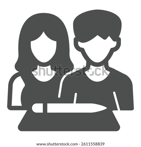 Married couple and contract paper solid icon, family lawyer concept. Vector graphics. Document with pen and young people sign on white background, glyph style icon for mobile or web design