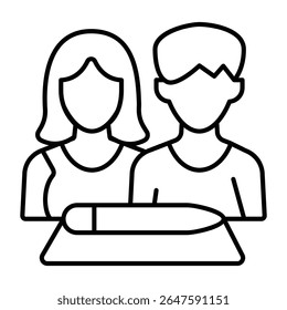 Casal casado e papel de contrato ícone de linha fina, conceito de advogado de família. Gráficos vetoriais. Documento com caneta e jovens assinam em fundo branco, estilo móvel ou design