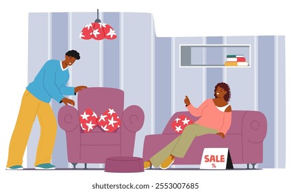 Casais casados clientes personagens de desenhos animados escolhendo móveis para sala de estar na loja. Móveis de compras familiares felizes para casa aconchegante confortável design interior vetor ilustração